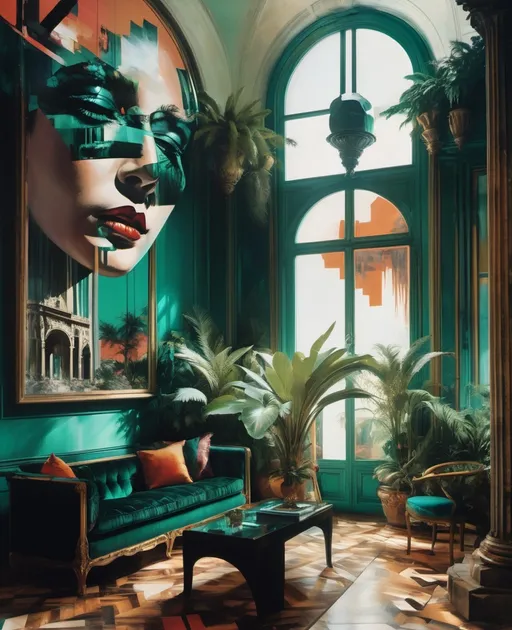 Prompt: A surreal minimalsim Parisian living room, depicted in oil on canvas by Ruan Jia, alfremov leonid , Jules Bastien-Lepage, Swoon, now infused with constructivist glitch art. The room, filled with houseplants and deep-teal, bright ochre colors, portrays an overcast Parisian atmosphere with nature details, disrupted by digital elements and abstract shapes. 1209 1212a constructivist glitch art fashion editorial Helmut newton, SLim aarons, appalachian vaporwave paris shimmering, masterpiece human bodies intertwined in a brutalist liminal space temple , in style of slim aarons, h.r. giger, Escher 
