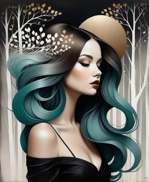 Prompt: The beautiful darling young lady with blowing hair art by Ruben Ireland, Marc Johns, Molly Harrison. Gritty patina texture, gradient luminous inking colors, Dreamy atmosphere, Whimsical forest background, Extremely detailed, intricate, beautiful. 
