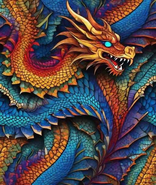 Prompt: hot vs cold Hyper realistic huge dragon Kaleidoscope of colors, abstract vector fractal, Zentangle, 3d shading colorful art. 