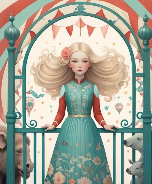 Prompt: The beautiful girl with blowing hair climbing gate to the circus with giant animals Illustration art by Hsiao Ron Cheng, Helene Beland, Jody Bergsma, Amy Brown. folk art-inspired illustrations, bold patterned quilts, pastel colours, bloomcore, mixes painting and ceramics, precise, detailed architecture paintings, cute and dreamy. Extremely detailed, intricate, beautiful. 
