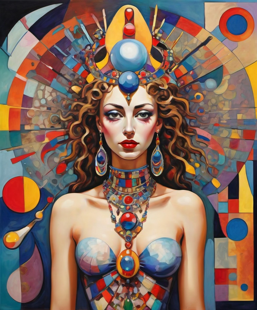 Prompt: queen cleopartra as a goddess, abstract surreal garage sale by kandinsky, gaudi, eric wert