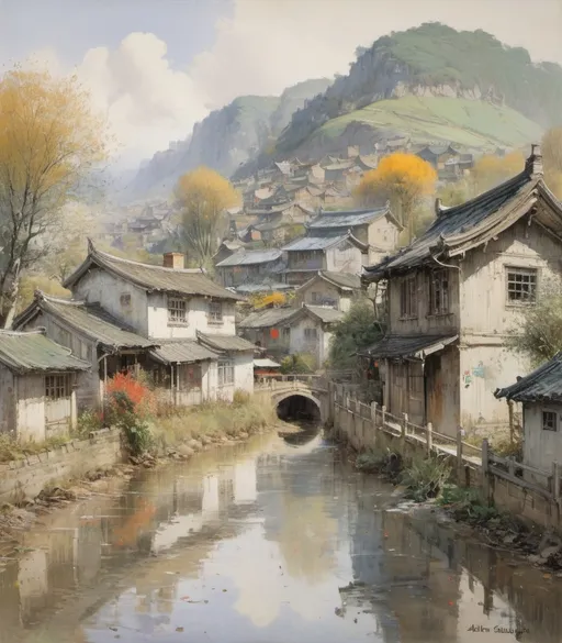 Prompt: The beautiful village style of Albert Goodwin and Wu Guanzhong