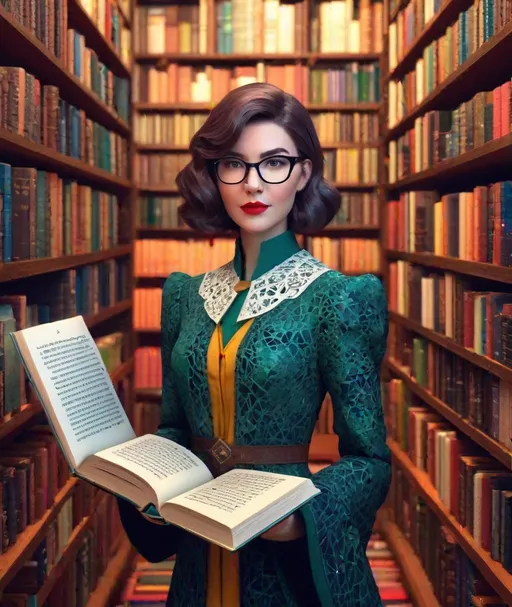 Prompt: voronoi triangulation of an enchanted librarian, beautiful book protector girl, sartorial gatekeeper, 8K, f 2.2 lens, maximalist cell shading, hyperbolic lens