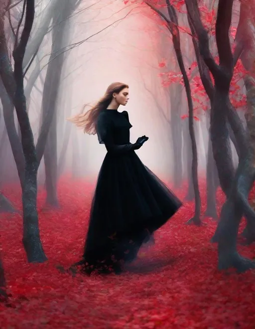 Prompt: 3/4 head shoot: A beautiful young lady, beautiful face, wearing opalescent black dress in a ghostly forest of white stem trees with red leaves, god rays through the tees, rim lighting, art by Mariano Vivanco,  Yves Saint-Laurent, Albert Watson, Thomas Edwin Mostyn, Hiro isono, James Wilson Morrice, Axel Scheffler, Gerhard Richter, pol Ledent, Robert Ryman. Guache Impasto and volumetric lighting. 3/4 portrait, Mixed media, elegant, intricate, beautiful, award winning, fantastic view, 4K 3D, high definition, hdr, focused, iridescent watercolor and ink
