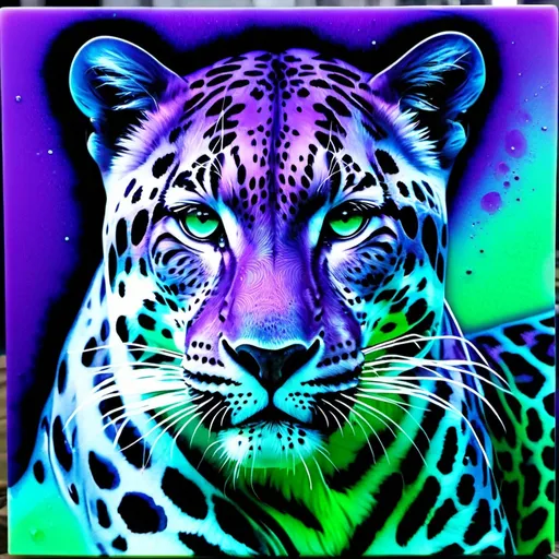 Prompt: acrylic pour photonegative refractograph Leopard alternate dimensions purple to green gradient 