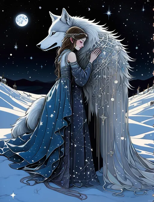 Prompt: the wolf of winter and the patchwork girl, a patchwork girl embracing the wolf, constellations, quiet and sad, Fantasy art by arthur rackham, by virginia frances sterrett, intricate detail, moonlight, color infrared photography, trending on artstation, stars, by gustav klimt, 16k, barbed wire constellations 