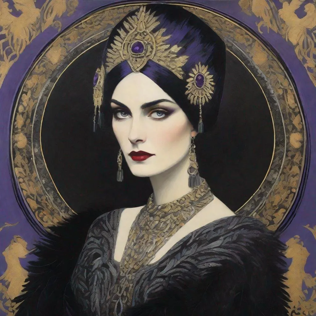 Prompt: Use style of Kees van Dongen, Omar Galliani, Sue Reno: A Gothic portrait of a pale woman with dark silver hair and violet eyes, surrounded by a circular formation of nine realistic, solemn eagles with detailed feathers. The woman is centered and wears a long lace black dress with a high neck and long sleeves. Her attire includes an intricate golden embroidery with an elaborate design. The background is a smooth, dark gradient with subtle golden elements that echo the top arch of a halo or ornate frame.