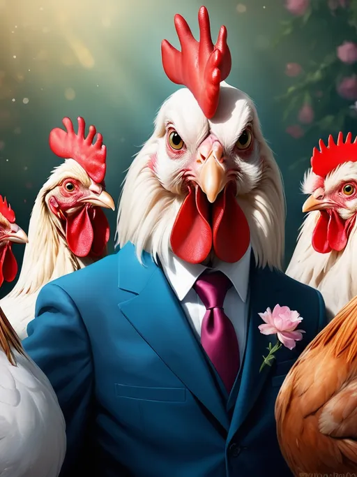Prompt: metaphorical chicken rooster, A-list celebrity, and his entourage of lovely hens 