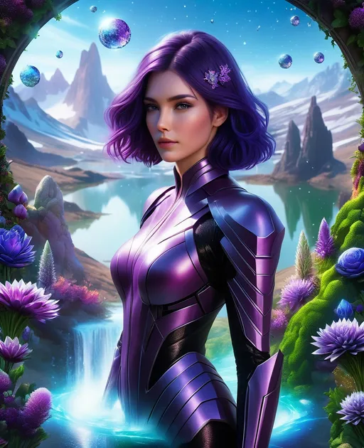 Prompt: on a far off planet in the andromeda galaxy, a young, voluminous star seed woman with dark purple hair is in her mysterious gantry garden. There is a lake of melted crystals flowing behind her as she tends to the other worldly flowers and plants that bloom. Hyper realistic. Different views