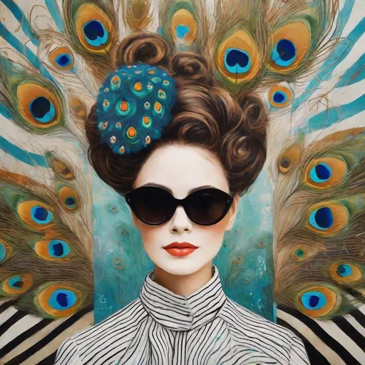 Prompt: Naive folk art, Style By Paco yao, Florine Stettheimer, Dina Wakley, Elisabeth Fredriksson, impasto brushstrokes texture, a whimsical young woman with surreal, swirly hair updo made of stripes, and peacock feathers in a palette of black, white, and shades of brown. She is wearing large round sunglasses, and red lipstick, and has a porcelain complexion. The woman is holding a small espresso cup with steam rising delicately from it. On her shoulder rests a vibrant green bird with a blue head, adding a pop of color to the scene. Her attire features a black and white polka-dot dress, and the background is composed of soft blue and white horizontal stripes.