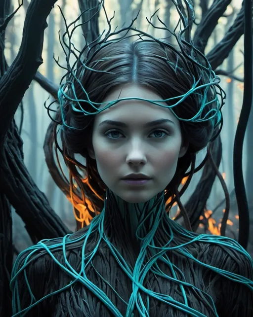 Prompt: will-o'-the-wisp: A surreal portrait of a woman with a face made of vines, standing in a carboniferous forest of twisted trees, rendered in a crisp neo-pop style with a color palette of light cyan and dark amber. The graphic illustration captures the otherworldly quality of the scene, while the burnt and charred textures add an element of mystery and intrigue. 
