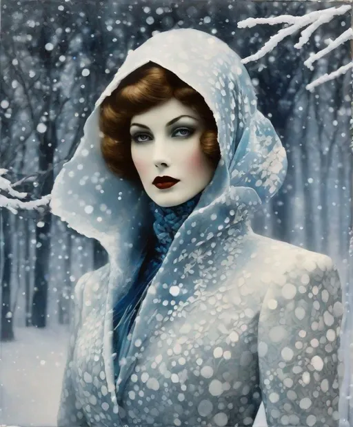 Prompt: photonegative refractograph polkadot haute couture, mysterious ghostly lady of the snowy forest, snowy scene, encaustic Painting, decoupage