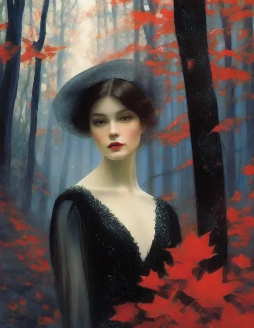 Prompt: A beautiful young lady, beautiful face, wearing opalescent black dress in a ghostly forest of white stem trees with red leaves, god rays through the tees, rim lighting, art by Camille Vivier,  Yves Saint-Laurent, Paolo Roversi, Thomas Edwin Mostyn, Hiro isono, James Wilson Morrice, Axel Scheffler, Gerhard Richter, pol Ledent, Robert Ryman. Guache Impasto and volumetric lighting. 3/4 portrait, Mixed media, elegant, intricate, beautiful, award winning, fantastic view, 4K 3D, high definition, hdr, focused, iridescent watercolor and ink