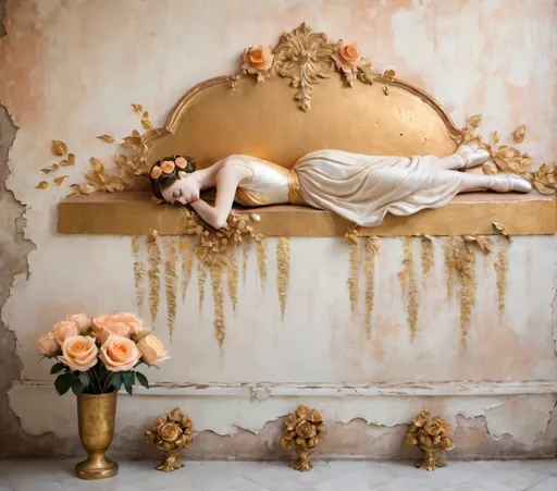 Prompt: sleeping ballerina in old patina rough plaster wall, painted apricot-colored roses, gold leaf decorations, mezzo tint, soft aesthetic 