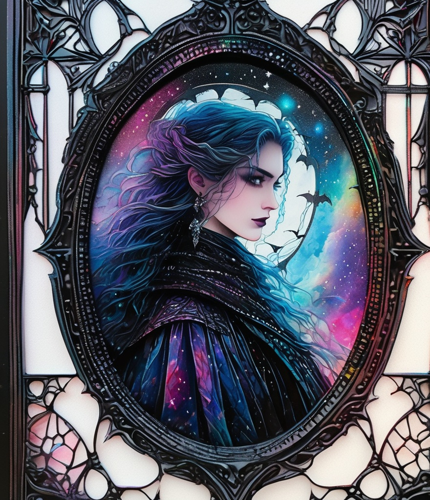 Prompt: a zentangle ferrotype portrait of In a gothic galaxy castle a vampire gazes through a window at the ethereal magic layers swirling in the vivid rainbow solar night in the style of luis royo 