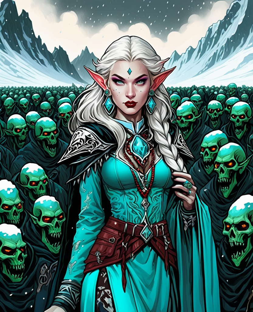 Prompt: a divine godess elf necromancer from the void, jewelry, earrings, evil, with a horde of zombies in tundra, haze, snow storm, comic style by van Gogh 