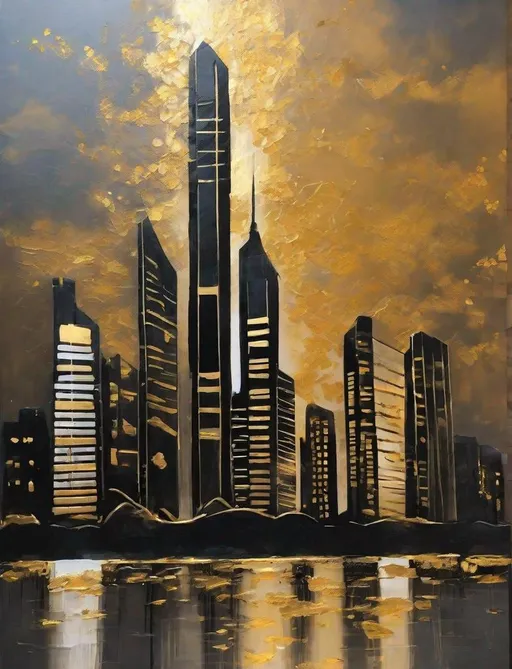 Prompt: an urban nightscape transformed by the glow of city lights and gold leaf reflections. Skyscrapers adorned with gleaming gold accents rise against a dusky sky. The city's bustling energy is softened by the elegant touch of gold leaf, turning the urban landscape into a serenading masterpiece