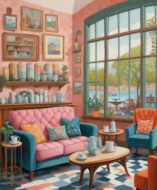 Prompt: rifle paper company illustrated print interior of a comfy cozy coffee shop, with upholstery couches and coffee tables and a coffee bar, in the style of vibrant airy scenes, tracie grimwood, contemporary quilts, garage sale street scene, detailed painting, anne dewailly, Victoria Ball path from a painting by person, in the style of folk art-inspired illustrations, bold patterned quilts, pastel colours, bloomcore, mixes painting and ceramics, precise, detailed architecture paintings, cute and dreamy, illustration by Olivia Gibbs