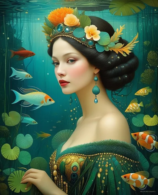 Prompt: princess of the deep jungle inspired by Catrin Welz - Stein, Victor Nizovtsev, Gustav Klimt, highly detailed and elegant painting, organic surrealistic shapes, exquisite composition, intricate detail, ultra maximalism