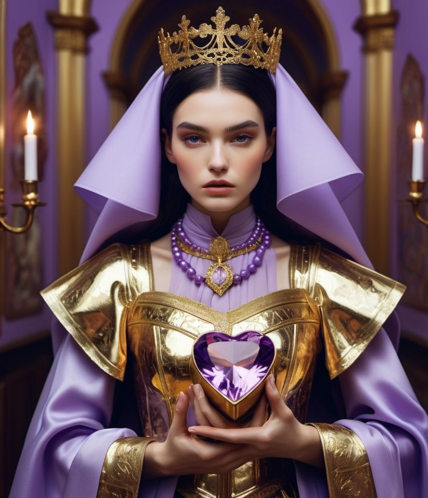 Prompt: SHivering of evil intention deep in her eyes , glamorous supermodel, heart attack gastronomy fashion holy ark of covenant discovery, gold gilded details I feel the lavender haze creepin' up on me , shimmering, photography by Romina ressia , SLim aarons, , Fan Ho,Animorphia - Kerby Rosanes, James christensen , 16K HD, sharp focus, attention to details