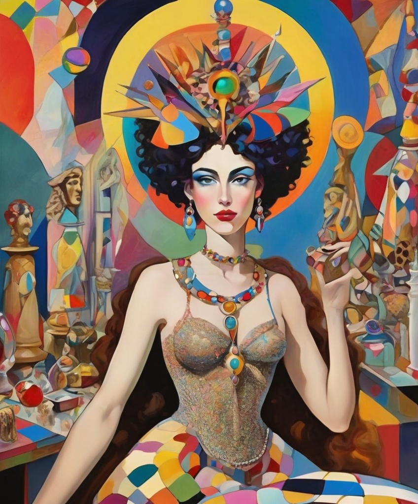 Prompt: queen cleopartra as a goddess, abstract surreal garage sale by kandinsky, gaudi, eric wert