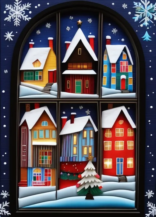 Prompt: 3d soft vivid winter ornaments folk art acrylic oil, constructivist glitch art, diorama, german Christmas scene, warm lights in the windows, extremely volumetric, silk ribbons embroidery, beadwork, intricately textured, in the style of heavy impasto texture, gorgeous best ever masterpiece, volumetric 