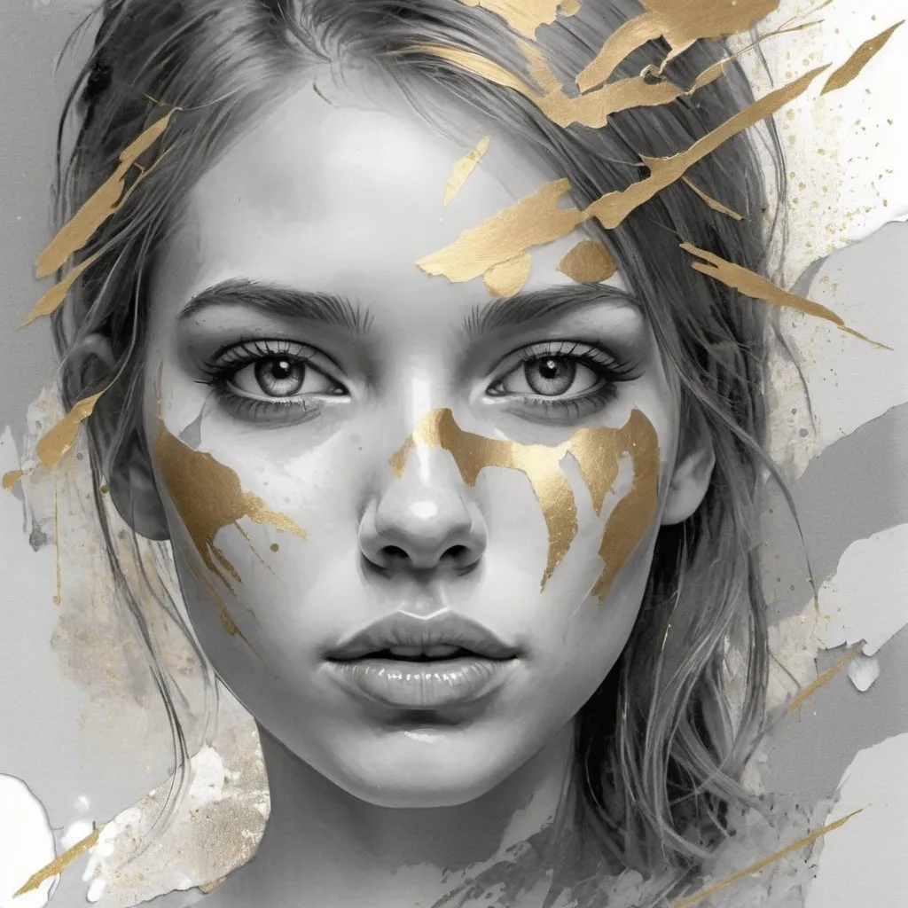 Prompt: Beautiful expressive girl face, close-up, abstract scrapbooking, greyscale pencil sketch with golden gilded texture splatter, torn paper, reflection, silk, silver transparent eyes