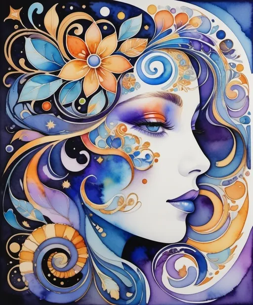 Prompt: A vibrant, abstract portrait blending human features with cosmic and floral elements, alcoholinking effect , watercolor, Swirls of blue, purple, orange, and gold come together to form a side profile of a face. The image exudes a psychedelic, dream-like quality with intricate patterns reminiscent of art nouveau intertwined with celestial motifs on a dark, textured background.