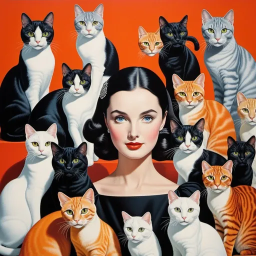 Prompt: The very pretty girl, She likes cats a lot, an unreasonable amount of cats, vivid thick colors, Laurie Simmons, louis icart, Javier Mariscal, Lee Mullicanz, Lucien Clergue, Lin Fengmian, John Reuss, Olimpia Zagnoli, Simen Johan, Harumi Hironaka, Anna Silivonchik, Norman McLaren