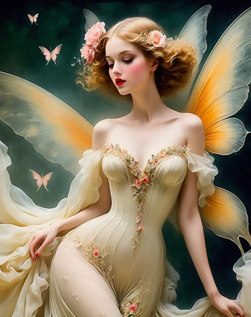 Prompt: This beautiful lady, her fluttering clothes, make my world go round, surreal photography in the style of Louis Icart, encaustic paint, mixed media, 3d, beautiful, best quality, highest definition, elegant
