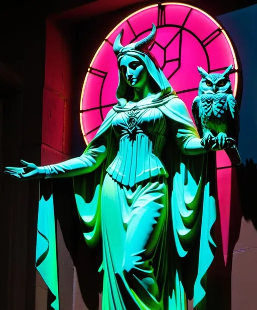 Prompt: neon madonna with an outstretched arm. a horned owl is perched on her hand