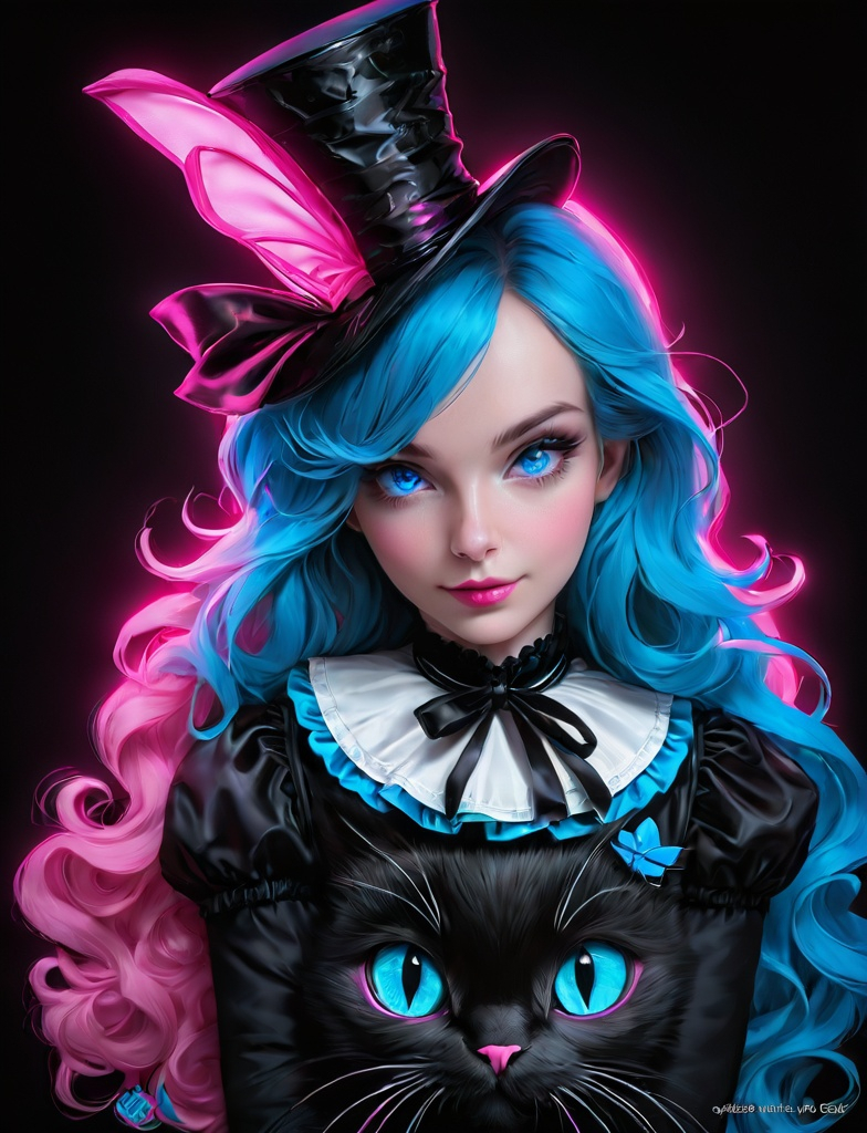 Prompt: Alice in Wonderland, blue neon eyes, neon pink, black background, creative, expressive, unique, high-quality, Canon EOS 5D Mark IV DSLR, 185mm lens f/8 aperture, 1/125 second shutter speed, ISO 100, Adobe Photoshop