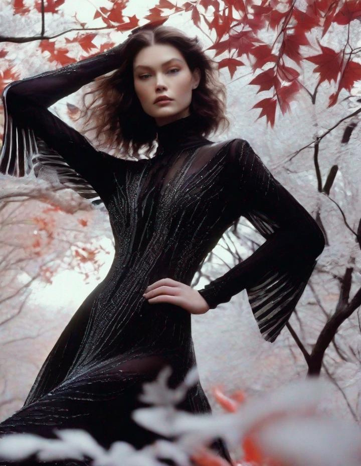 Prompt: A beautiful young lady, beautiful face, wearing opalescent black dress in a ghostly forest of white stem trees with red leaves, god rays through the tees, rim lighting, art by Mario Sorrenti,  Yves Saint-Laurent, Paolo Roversi, Thomas Edwin Mostyn, Hiro isono, James Wilson Morrice, Axel Scheffler, Gerhard Richter, pol Ledent, Robert Ryman. Guache Impasto and volumetric lighting. 3/4 portrait, Mixed media, elegant, intricate, beautiful, award winning, fantastic view, 4K 3D, high definition, hdr, focused, iridescent watercolor and ink