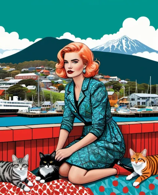 Prompt: illustration by Amy Brown, Eleanor Vere Boyle, Butcher Billy, fashion photography, Hobart harbour the beautiful lady and the stray cats, with view of Mount wellington, in the style of gait folk art-inspired illustrations, bold patterned quilts, bloomcore, mixes painting and ceramics, precise, detailed architecture paintings, cute and dreamy, maximalism , attention to details, shimmering beauty. Extremely detailed, intricate, beautiful, fantastic view, elegant, crispy quality.