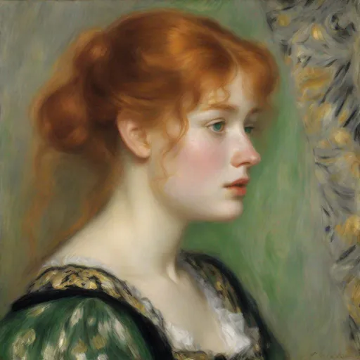 Prompt:  a red-haired woman with light freckles and lightly blushed cheeks in a black top and a gold dress, in the style of detailed fantasies, light black and gray, , intricately detailed patterns, babycore, white and black, sculpted, stunning green eyes, by Pierre-Auguste Renoir 