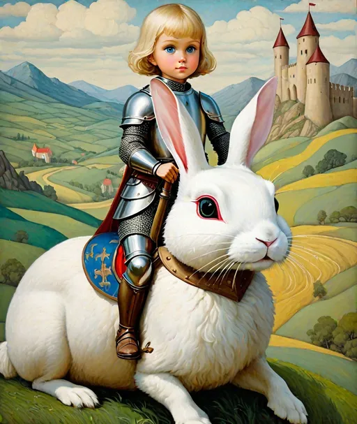 Prompt: big-eyed knight riding a giant rabbit, medieval grunge, kitschy painting by margaret keane, impasto, craquelure, tempera effect 