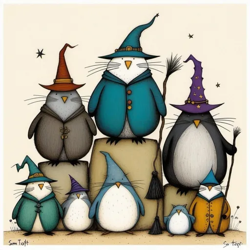 Prompt: Sam Toft style art pile of Too many wizards cute creatures 