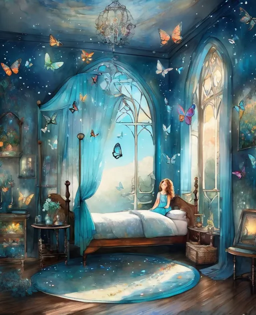 Prompt:  A cute girl in magical fantastic bedroom with whimsical animals , butterflies and art by Florence Harrison, Yulia Brodskaya, catrin Welz Stein, Rosalba Carriera, pol Ledent, Doug Chinnery, Maud Lewis, Valerie Hegarty, Endre Penovac, Justin Gaffrey. inlay, watercolors and ink, beautiful, fantastic view, extremely detailed, intricate, best quality, highest definition, rich colours. intricate beautiful dynamic lighting award winning fantastic view ultra detailed 4K 3D high definition hdr 