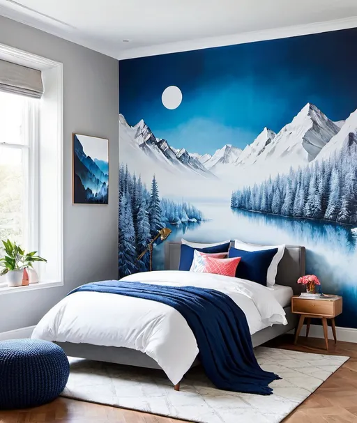 Prompt: a young ladys room with accompaining mural inspired by hot vs cold, wide area