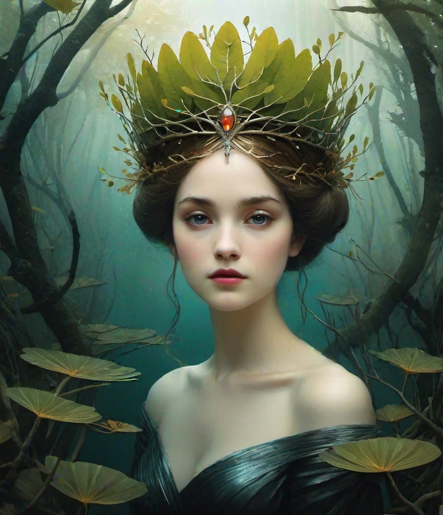 Prompt: a princess with mangrove crown, art by Daria Petrilli, Meret Oppenheim, Caras Ionut, Yoann Lossel, Dan Hillier, Peter Lippmann, Abigail Larson, Henri Fantin-Latour