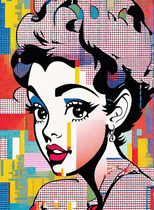Prompt: Betty Boop in constructivist glitch art , comic style, appalachian vaporwave, side view, halftone, pointlism, by roy lichtenstein 