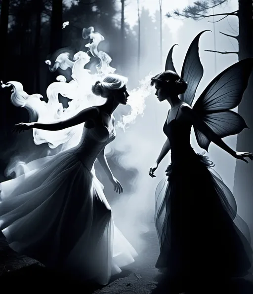 Prompt:  the epic clash of the hot vs cold fairy creatures. fire vs water. darkness vs light. swirling mist. shadows. eerie ominous foreboding. by lillian bassman and marko manev and greg manchess. fire shadow smoke 