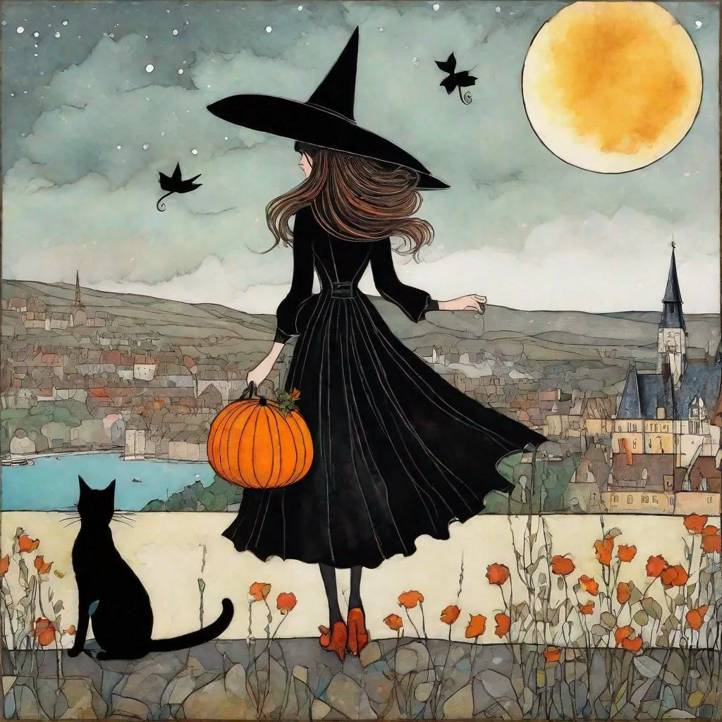 Prompt: A very pretty lovely witch and her black cat art by Sam Toft, Deborah Azzopardi, Marc Allante, Axel Scheffler, Charles Robinson, pol Ledent, endre penovac, Gustave Loiseau. inlay, watercolors and ink, beautiful, fantastic view, extremely detailed, intricate, best quality, highest definition, rich colours. intricate beautiful, award winning fantastic view ultra detailed, 3D high definition