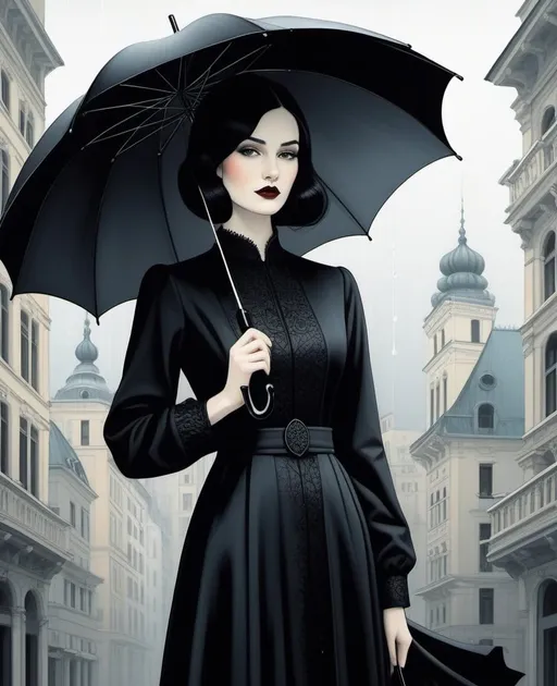 Prompt: illustration of a pretty young lady holding an umbrella, in the style of surrealist-inspired works, gothic neo-pop surrealism, Kate Baylay, Hayv Kahraman, Itzchak Tarkay, Troy Brooks, Cathy Horvath Buchanan, Lotta Jansdotter, vienna secession, off white and black, raining day, metropolis tall buildings background, intricate flowers, jewelry by painters and sculptors, elegant, emotives faces, goth fashion, subtle playfulness