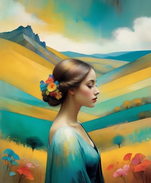 Prompt: abstract beautiful woman in the middle of nowhere, her hair melts into mountainous landscape, bright pastels, art by Daria Petrilli and Gabriel Pacheco, style of Odilon Redon, Degas style