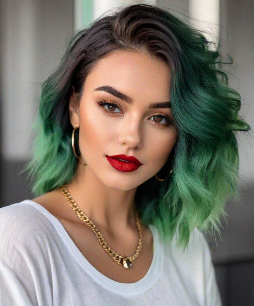 Prompt: Selfpotrait photo of an instagram model, ombre green hair, green eyes of incredible depth, red lips, sensual photo model female portrait, slight smile, serene, head thrown back, hair ruffled by wind, eyes looking into camera, very realistic, highly detailed