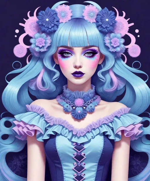 Prompt: candy goth, indigo pastels, vector illustration, harajuku woman in extravagant frilly outfit, Taffy fractal motifs 
