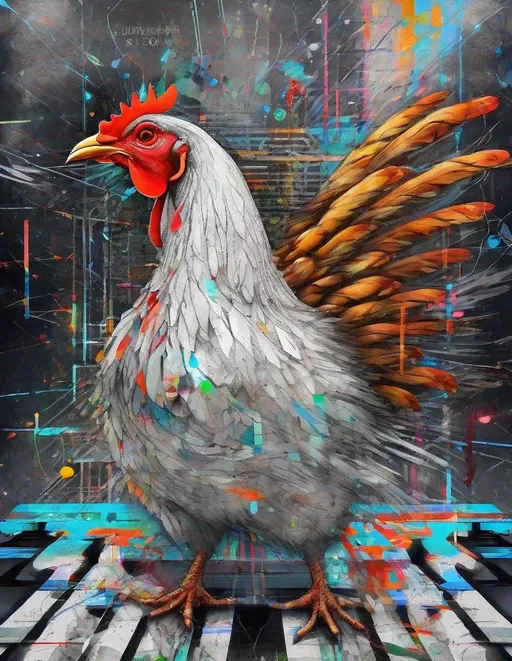 Prompt: metaphorical chicken , full body, multifunctional dysfunction disjunction functions, full body clever gorgeous femme fatale schizophrenic lady thinks hard, racking her dysfunctional mind in her exploded brain for answers because she thinks she's metaphorical chicken . Psychotropic Constellation Map junction, Psycho-eccentric Abstract Abstractionism Surrealism, creature from another subdimension, trash polka, Egon Schiele, Odd Nerdrum, hans belmer, whimsical fantasy 