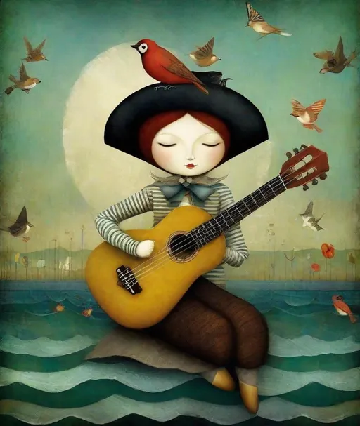 Prompt: Style by Gabriel Pacheco, Catrin Welz-Stein, Dee Nickerson, Kathleen Lolley, Tara McPherson, The wandering old mythical pirate wizard plays a whimsical tune on his guitar, by the sea moonlight, the animals listen, whimsical, Vivid colors, beautiful, dreamy. 