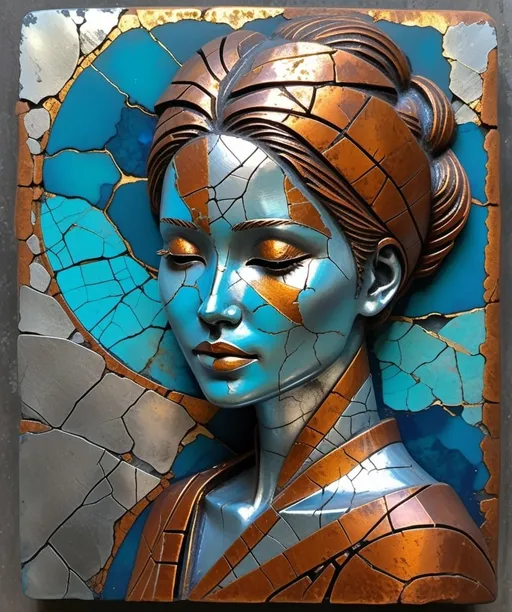 Prompt: a highly detailed abstract woman in rusted silver blue patina metal with beautiful vibrant colors, elements of kintsugi, the background is stone textured and there's a small  glow on top of it, there are some cracks in metal that have been filled with acrylic paint, the bottom half has golden streaks of light shining through from behind